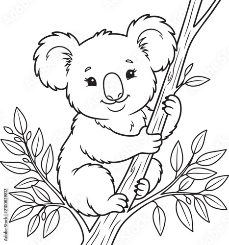 Photography Cute koala coloring page for kids sitting on a tree branch