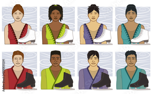 diversity, race, ethnicity of figure skating skater vector icons, male and female, wearing costume including skates, isolated on a white background