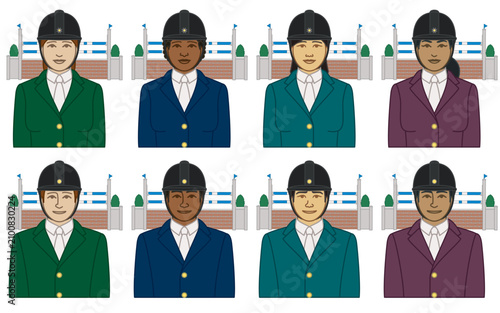 diversity, race, ethnicity of equestrian show jumping horse rider vector icons, male and female in formal dress and helmet, jumping obstacle, isolated on a white background