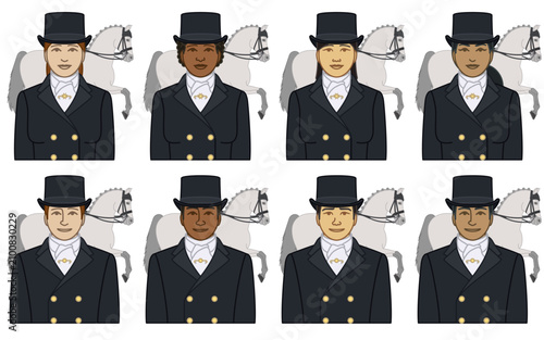 diversity, race, ethnicity of equestrian dressage upper level horse rider vector icons, male and female in formal dress and top hat, purebred horse with plaited mane, isolated on a white background

