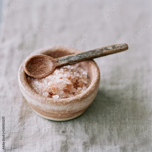 Obraz Coarse pink salt in handmade ceramic bowl with rustic spoon