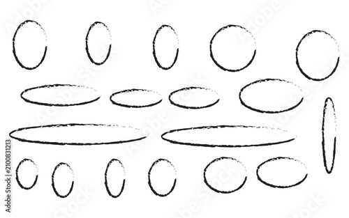 Set of various hand drawn black charcoal circles and oval shapes for design elements and highlights