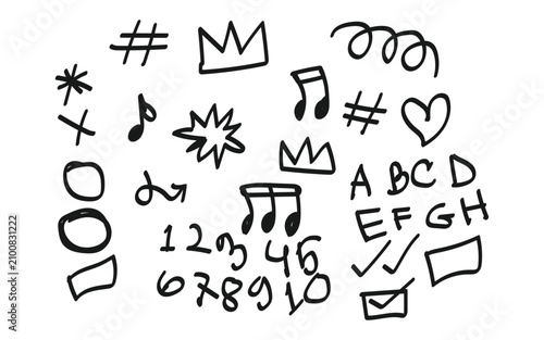 Set of hand drawn doodle icons including numbers letters music symbols and shapes in black ink