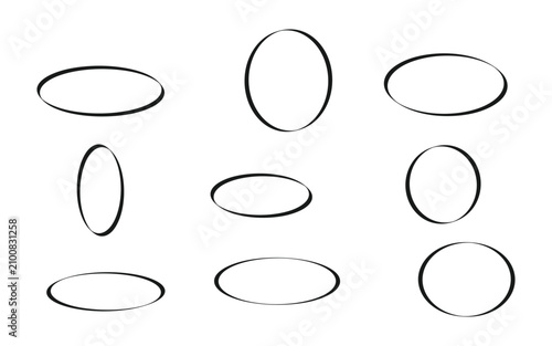 Set of black hand drawn oval circle shapes with brush stroke texture for graphic design elements