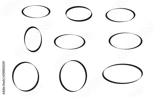 Set of black hand drawn circles and ovals with different angles and perspectives for graphic design