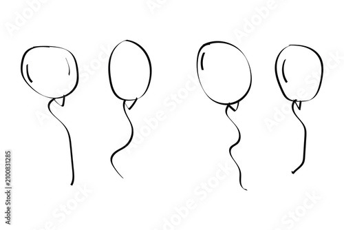 Hand drawn doodle sketch of a group of four simple party balloons with strings for celebration