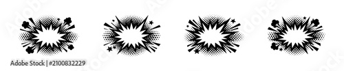 Foto Collection of black and white comic book explosion bursts with halftone dots