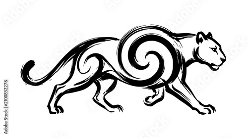 Obraz na plátně Stylized walking panther with a decorative central spiral.