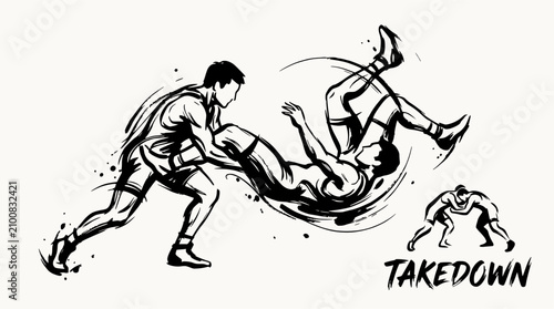 фотографія Two wrestlers performing a dynamic takedown maneuver.