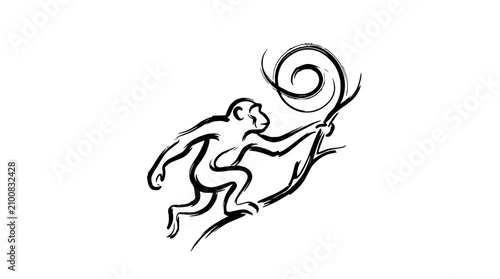 Photography Monkey swinging on branch line drawing.
