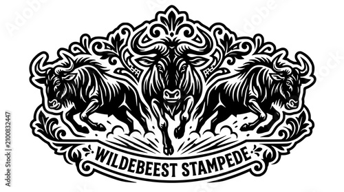 Bild auf Leinwand Vintage wildebeest stampede emblem with ornate frame.