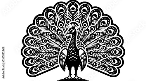 Schilderij op canvas Symmetrical frontal peacock graphic with decorative tail feathers