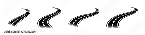 Set of four winding road illustrations with dashed white lines on a white background