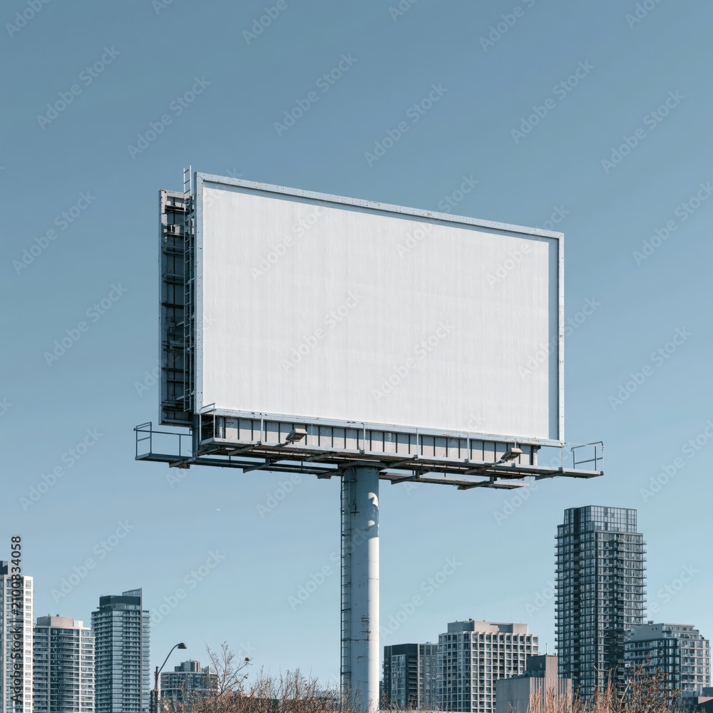 Obraz premium Blank urban billboard in Toronto offering advertising space. Empty outdoor billboard structure in a city against a clear sky, ready for new advertisement