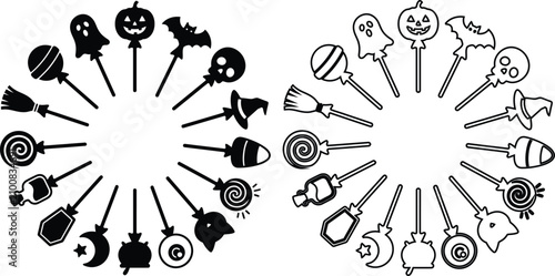 Halloween icons on sticks in black and white for party decoration