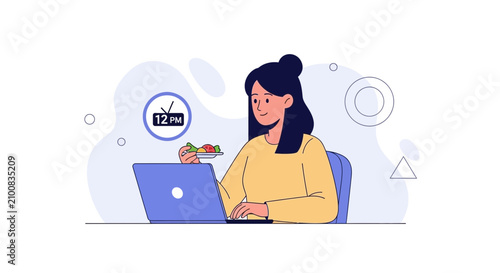 Woman Working on Laptop While Eating Lunch at Noon, Modern Flat Illustration
