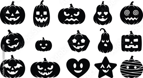 Εκτύπωση καμβά Halloween black silhouettes of pumpkins and spooky faces for party decorations a