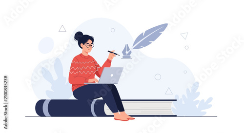 Woman writing with laptop and feather pen, modern digital calligraphy and creativity concept