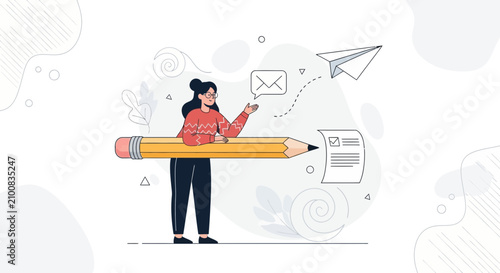 Woman writing on giant pencil, sending email via paper airplane, concept for communication, content creation, and business correspondence.
