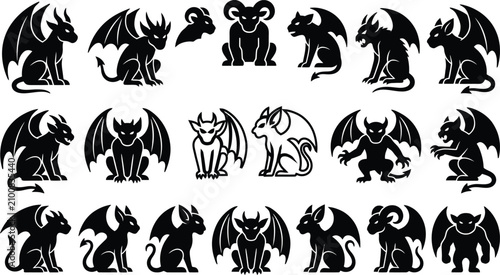 Collection of spooky black silhouette illustrations of gargoyle and devil creatures for Halloween