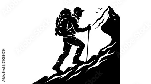 Foto Silhouette of a hiker climbing a mountain with a backpack and trekking poles
