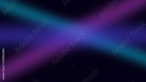 Abstract neon light beams crossing on dark background with particles.