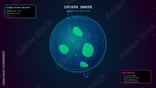 A digital representation of crispr gene editing processes appearing as a rotating planetary holographic map with glowing nodes orbiting a central dark sphere in space