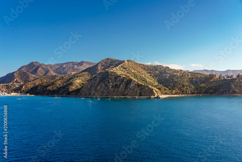 Landscape and ocean view of Catalina Island part of the Channel Islands in California with a clear blue sky