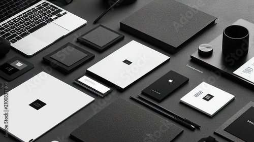 Monochrome branding mockup with stationery, laptop, and accessories on dark surface.