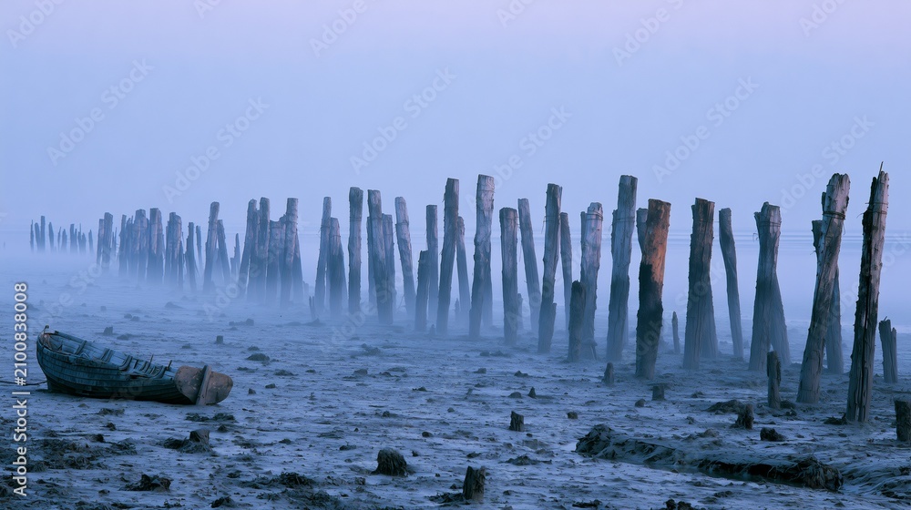Fototapeta premium Weathered fish weir stakes in foggy tidal estuary at low tide