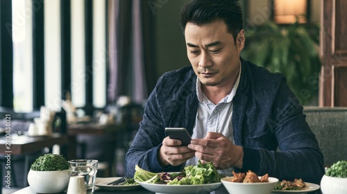 Technology addict using smartphone during meal time, person distracted by mobile device while eating food, showing digital dependence, screen addiction and modern lifestyle habits