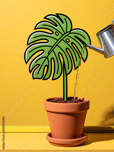A real terracotta pot, A two-dimensional cartoon illustration of a Monstera leaf