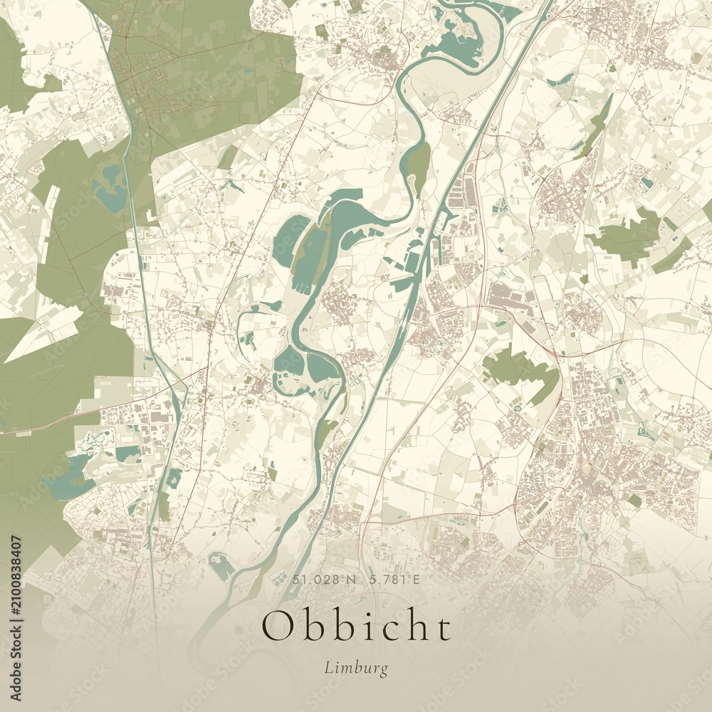 Naklejka premium Vintage Canvas Map of Obbicht, Netherlands | Scandinavian Wall Art | Historic Topographic