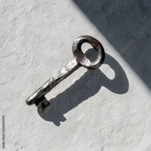 Obraz Hand-forged iron key with dramatic shadow on pale background