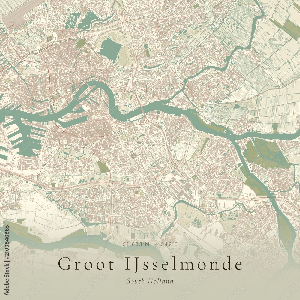 Fototapeta premium Vintage Canvas Map of Groot IJsselmonde, Netherlands | Scandinavian Wall Art | Historic Topographic
