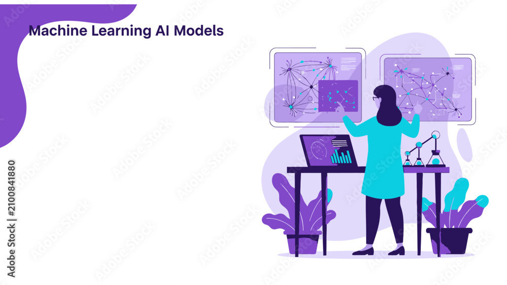 Fototapeta premium Female scientist working with machine learning AI models, analyzing complex data networks for artificial intelligence development and technological innovation.