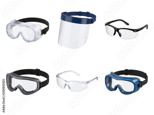 Collection of protective eyewear including safety goggles and a face shield for eye protection and safety PNG Isolated on transparent background
