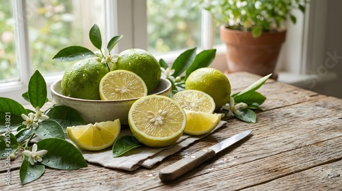 Fresh limes and leaves on rustic wooden kitchen table