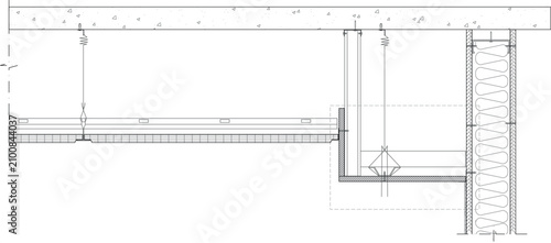 Technical vector blueprint detailing a suspended ceiling junction, wall partition connection, and structural support system, suitable for architectural design documentation, construction planning.