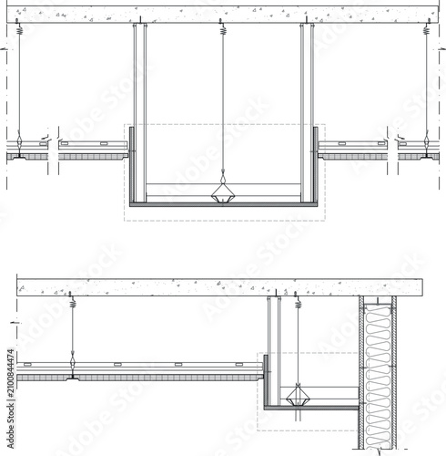 Cuadro en lienzo Technical CAD drawing of a ceiling-mounted retractable partition or screen system showing plan view and cross-section with suspension cables, track mechanism, and rolled storage element