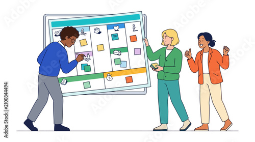 Diverse business team collaborating on agile project management board illustration. EPS Editable. Vector Illustrations.
