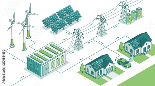 Isometric renewable energy smart grid system with wind turbines solar panels power lines and electric vehicle charging at homes, illustrating sustainable development and clean technology