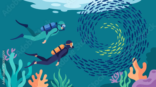 Two scuba divers swimming underwater near a swirling school of fish vector illustration. EPS Editable. Vector Illustrations.