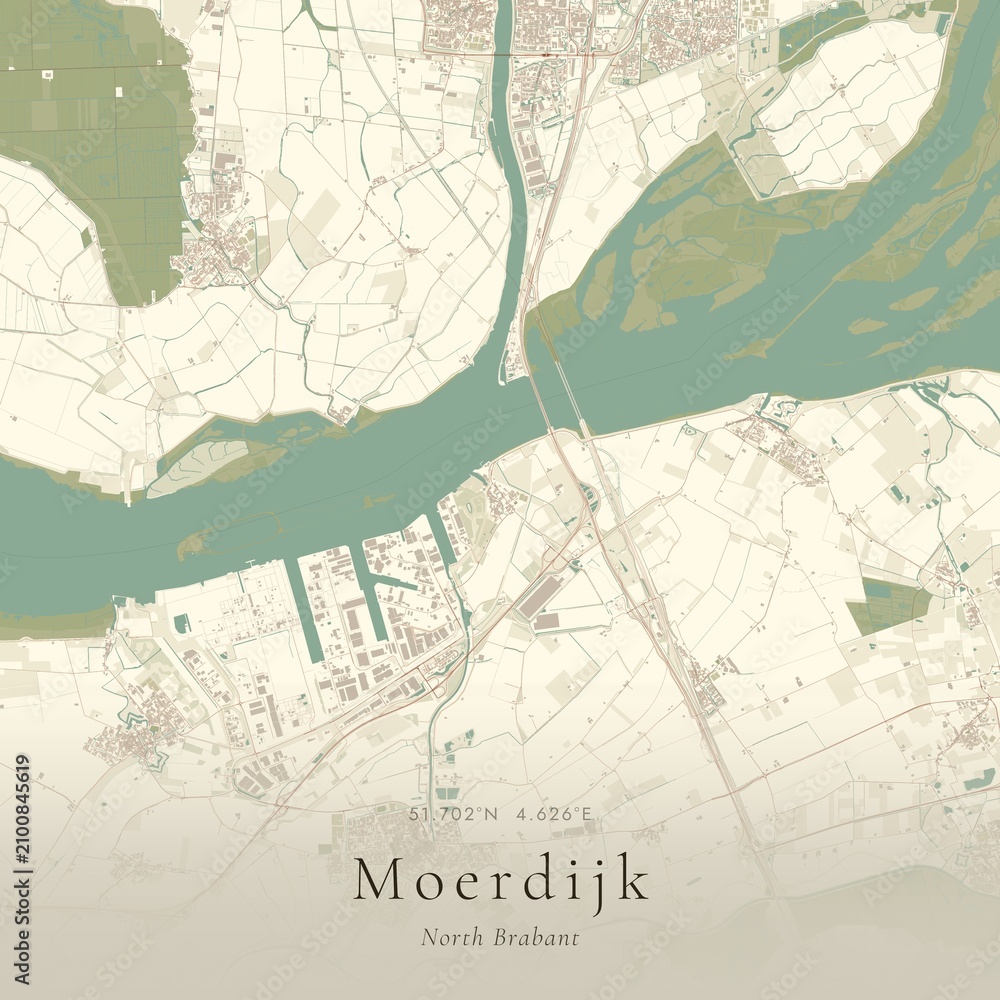 Naklejka premium Vintage Canvas Map of Moerdijk, Netherlands | Scandinavian Wall Art | Historic Topographic