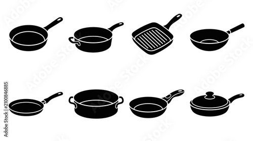 Photos Black frying pan and skillet icon collection