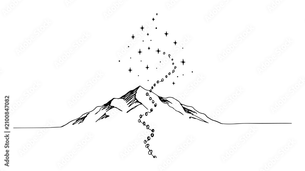 Fototapeta premium Mountain with stardust and particles in outline art