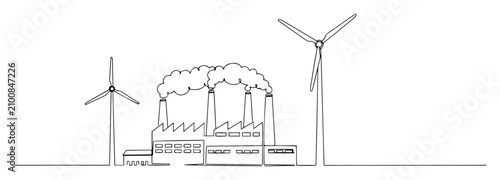 Принти на полотні Factory with wind turbines outline drawing