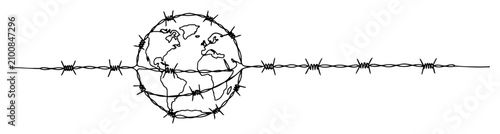 Tableau sur toile Globe entangled in barbed wire outline drawing