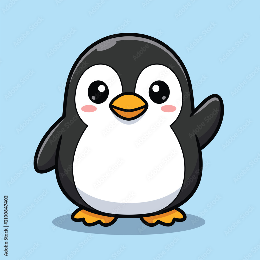 Fototapeta premium Friendly little penguin cartoon character waving hello against a light blue background