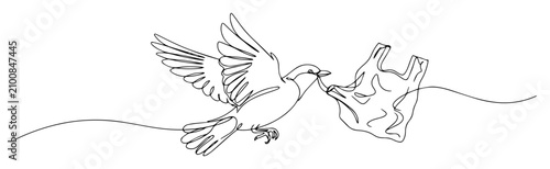Foto Bird carrying plastic bag in beak monoline vector